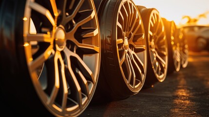 Poster - A row of tires sitting on top of a parking lot. Suitable for automotive industry advertisements