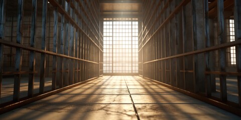 Poster - A jail cell with sunlight streaming through the windows. Suitable for crime-related themes and concepts
