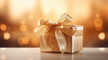 Poster - A white gift box with a gold bow, perfect for any special occasion. This versatile image can be used in various contexts