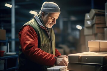Poster - A man is seen working in a warehouse, surrounded by boxes. This image can be used to depict warehouse operations or the logistics industry