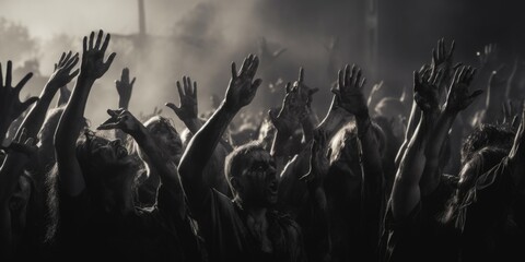 Poster - A picture capturing a crowd of people with their hands raised in the air. Can be used to depict excitement, celebration, unity, or protest.