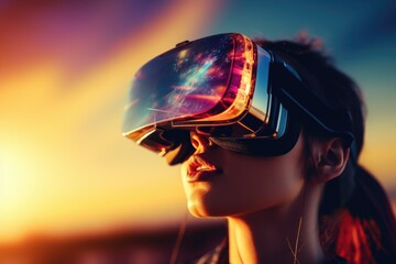 Poster - Woman immersed in virtual reality experience at sunset. Versatile image suitable for technology, gaming, and futuristic concepts