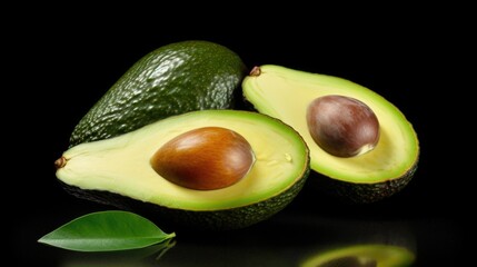 Poster - A close-up image of an avocado cut in half, showcasing its vibrant green flesh and a leaf on top. This versatile picture can be used for various food-related projects or to depict healthy eating
