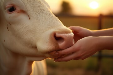 A person gently petting a white cow. This image can be used to showcase the bond between humans and animals