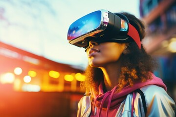 Poster - A woman wearing a virtual reality headset walks down a bustling city street. Perfect for illustrating the use of VR technology in urban environments