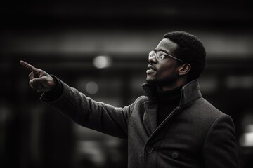 Poster - A man wearing a coat pointing at something. Suitable for illustrating directions or emphasizing a specific object
