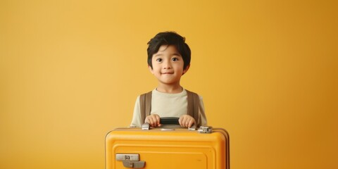 Poster - A young boy is pictured holding a yellow suitcase. This versatile image can be used to represent travel, adventure, family, or childhood themes