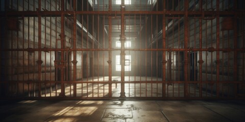 Poster - A jail cell illuminated by sunlight streaming through the window. Can be used to depict hope or contrast between confinement and freedom.