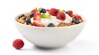 A bowl of cereal with fresh berries and creamy yogurt. Perfect for a healthy and delicious breakfast or snack