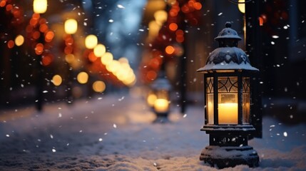 Poster - A snowy street illuminated by a lit lantern. This picture can be used to create a cozy winter atmosphere