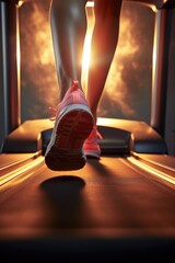 Poster - A close-up view of a person running on a treadmill. Suitable for fitness and exercise concepts