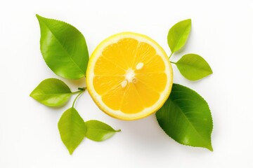 Poster - Half of an orange with leaves on a white surface. Perfect for healthy food and nutrition concepts