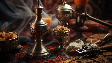 Poster - A table topped with silver vases filled with a variety of delicious food. Perfect for showcasing culinary creations or for food-related projects