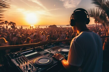 Poster - A dynamic image capturing a DJ playing music in front of a lively crowd. Suitable for showcasing the excitement and energy of live music events.