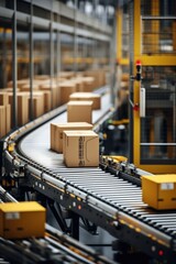 Poster - A conveyor belt with boxes on it. Suitable for illustrating logistics, manufacturing, or automated processes