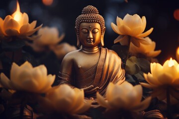 Poster - A serene Buddha statue surrounded by beautiful flowers. Perfect for adding a touch of tranquility to any space