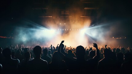 Poster - A vibrant crowd at a concert, raising their hands in excitement.