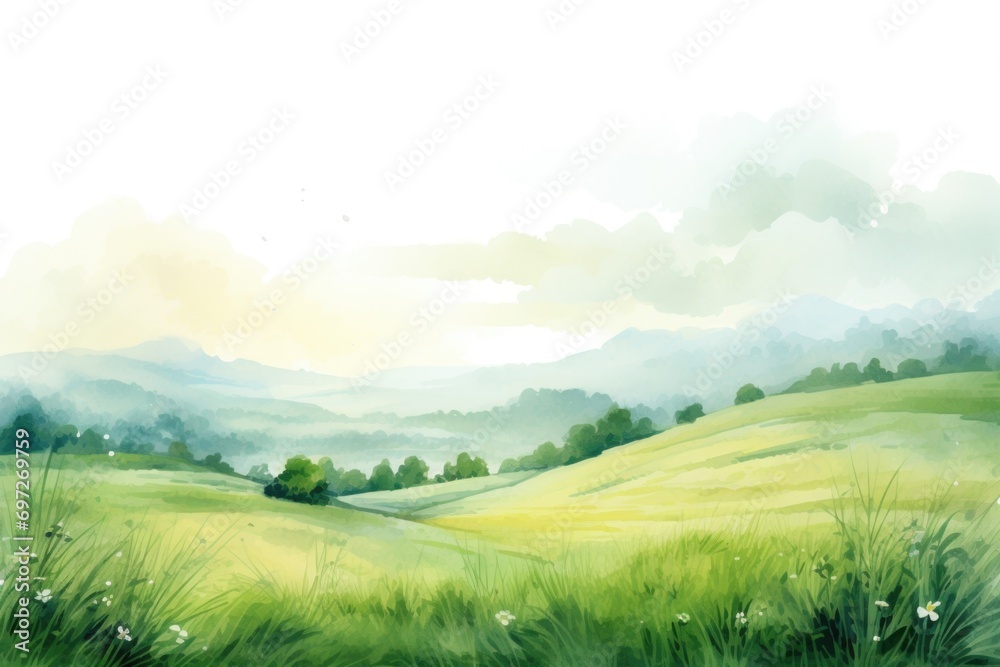 A watercolor painting of a green field with majestic mountains in the ...