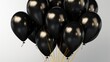 A bunch of black balloons floating in the air. Perfect for celebrations and parties