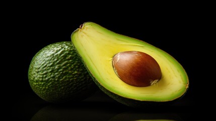 Poster - An avocado cut in half sitting on a table. Suitable for food and healthy eating concepts