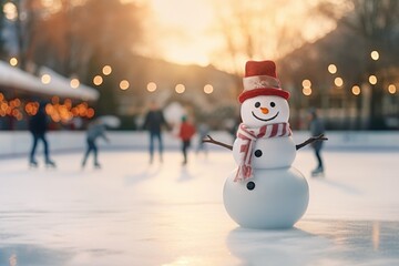 Poster - A snowman wearing a red hat and scarf, standing on a skating rink. Can be used for winter-themed designs and holiday promotions