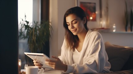 Aufkleber - Woman sitting on a couch using a tablet computer. Suitable for technology and lifestyle related themes
