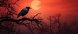 A crow on a branch beneath a red full moon's eerie atmosphere.