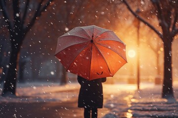 Poster - A person standing in the snow, holding an umbrella. Suitable for weather-related articles or winter-themed designs