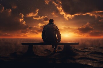Poster - A man is seated on a bench, observing a beautiful sunset. This image can be used to depict solitude, contemplation, and appreciation of nature