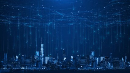4K Data information technology innovation a city night for cyber security digital networking. cloud computing 5G wireless digital connection, internet of things. Worldwide Web, Internet data streams