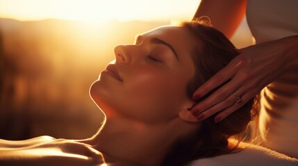 Aufkleber - A woman enjoying a relaxing massage in the warm sunlight. Perfect for spa, wellness, and self-care concepts