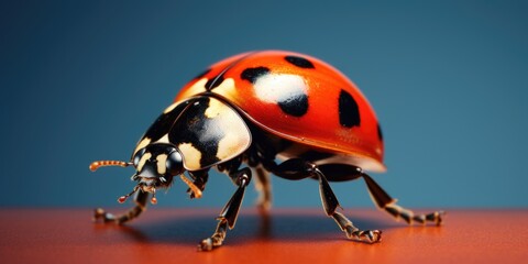Poster - Ladybug seen up close on a table surface. This image can be used for nature-themed designs or as a symbol of good luck