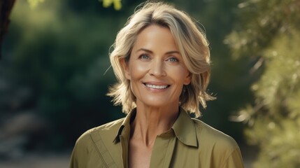 Poster - A woman in a green shirt smiling directly at the camera. This image can be used for various purposes