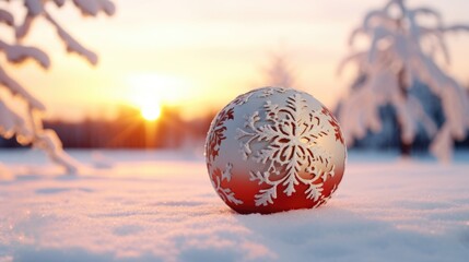 Sticker - A beautiful red and white Christmas ornament resting on a bed of snow. Perfect for holiday-themed designs and festive decorations