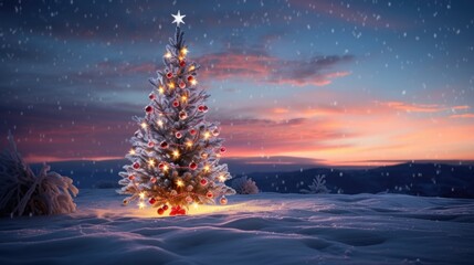 Poster - A beautiful Christmas tree standing in the middle of a snowy field. Perfect for holiday-themed designs and winter landscapes
