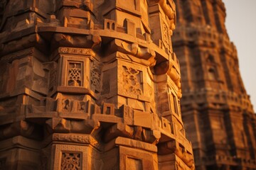Poster - Close up of a tall building with intricate carvings. Suitable for architectural designs and historical references