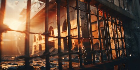 Poster - A jail cell with the sun setting behind it. Can be used to depict imprisonment, solitude, or the end of a difficult journey