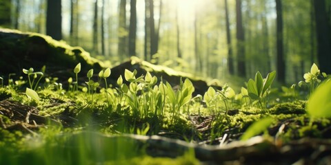 Poster - Sunlight shining through the trees in a forest. Perfect for nature-themed designs and environmental campaigns