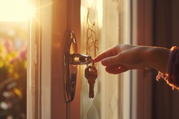 Poster - A person holding a key in their hand as they open a door. This image can be used to represent access, security, or entering a new opportunity