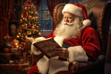 Poster - Santa Claus sitting in a chair, engrossed in reading a book. Perfect for Christmas-themed designs and holiday promotions