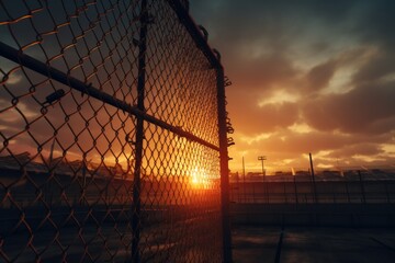 Poster - A picturesque sunset with the sun setting behind a chain link fence. Perfect for capturing the beauty of nature and the contrast between man-made structures and the natural world