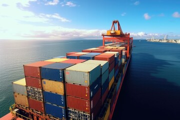 Poster - A picture of a large container ship sailing in the vast ocean. Perfect for illustrating international trade and shipping industry.