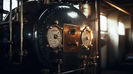 Aufkleber - A detailed close up view of a steam engine inside a building. This image can be used to showcase the inner workings of machinery or to illustrate the industrial revolution