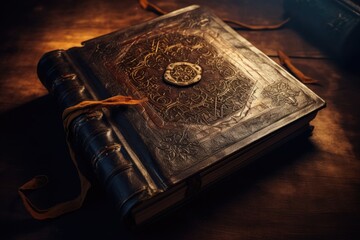 Aufkleber - An old book with a button on top sitting on a table. Perfect for adding a vintage touch to your designs or for illustrating concepts such as creativity, nostalgia, or reading
