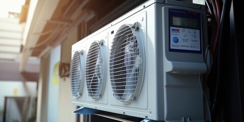 Poster - A compact white air conditioner mounted on a wall. Suitable for cooling small spaces
