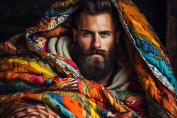 Generative AI photo handsome confident guy wrapped in warm blanket