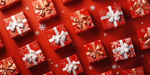Poster - A vibrant red background filled with an assortment of red and white presents. Perfect for any occasion or celebration