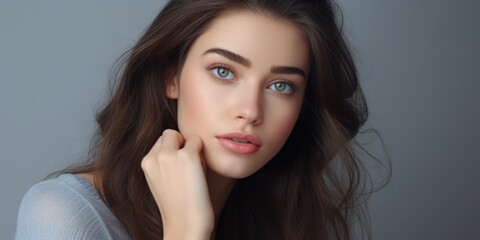Poster - A woman with long brown hair and blue eyes. Versatile image for various purposes