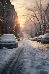 Poster - A picture of a snowy street with cars parked on the side. Suitable for winter scenes and transportation themes
