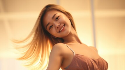 Poster - A woman in a brown dress is smiling. This versatile image can be used in various contexts